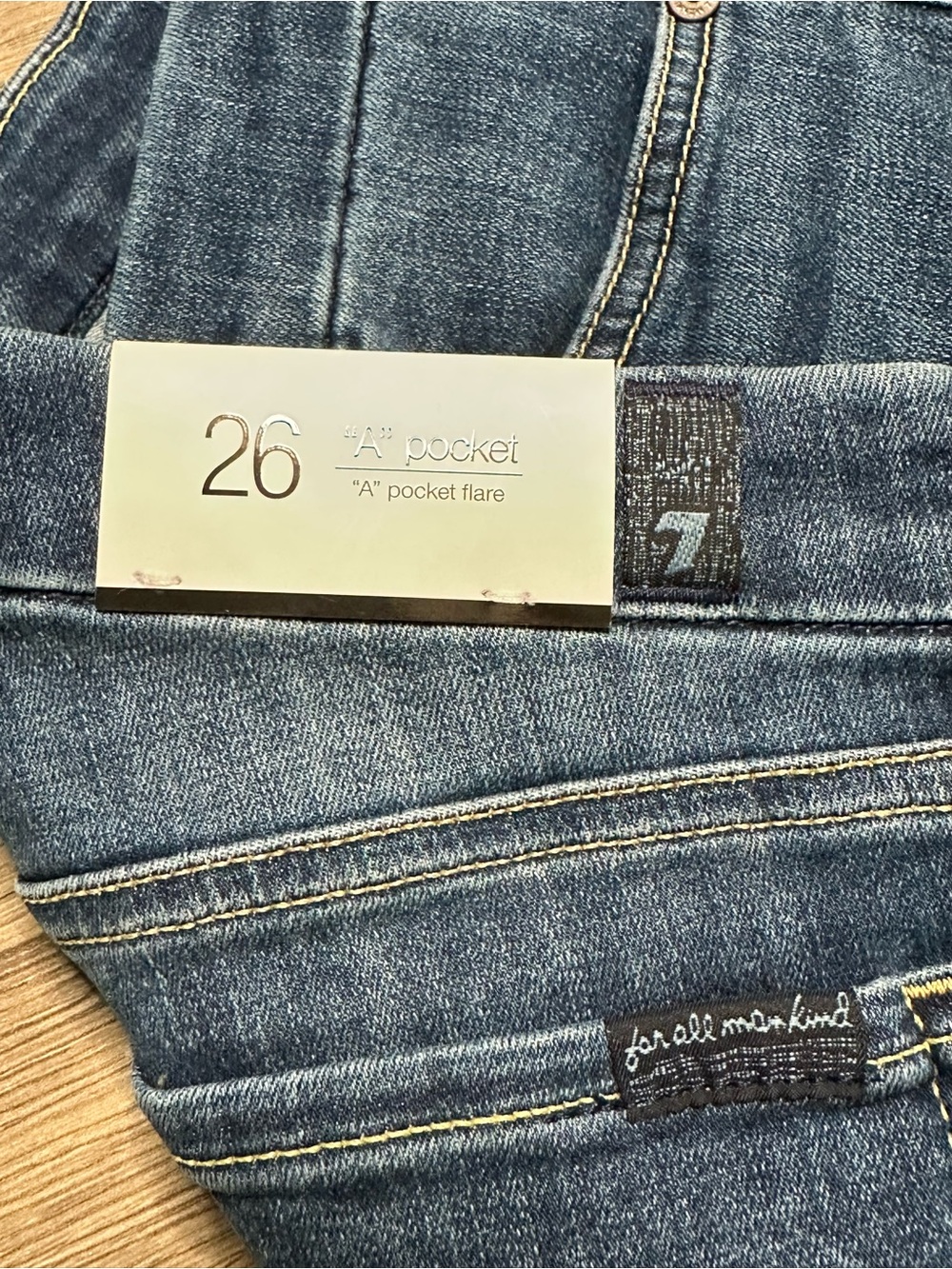 7 For All Mankind 33.5” A Pocket Flare Mid Rise Stretch Blue Jeans Size 26 - Picture 6 of 12